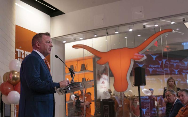 Jim Schlossnagle addresses the media and more at his introductory press conference for Texas. COURTESY PHOTO | TEXAS ATHLETICS