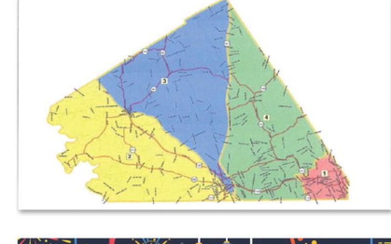 This map reflects proposed new boundaries for county commissioner precincts. COURTESY MAP