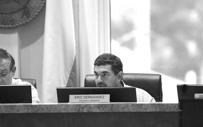 Councilman Eric Hernandez questions the justification for charging permit fees to certain business enterprises. The city manager brought proposed ordinances before the Lampasas City Council for consideration, but no decisions were made at the meeting on instituting new permits. HUNTER KING | DISPATCH RECORD