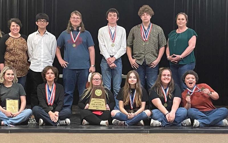 Lometa High School students won awards at the recent district One-Act Play competition. Back row, left to right, are Tiffany Smart, Julie Bradley, Bao Nguyen, Douglas Thomas, Diego Salazar, Jacob Wooten and Heather Moresco. Front row are Angelina Reyes, Phallon Jones, Rosa Garrido, Jolie Thomas, Jewel Groves, Cora Groves, Sholee Turner and Eva Bradley. The cast will compete at the bidistrict One-Act Play contest in Marble Falls on March 23. courtesy photo