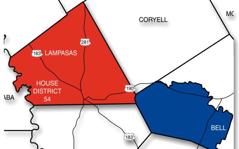 Lampasas County (colored red for Republican) voted 81.8% for incumbent State Rep. Dr. Brad Buckley, a veterinarian. The more urban Bell County portion of the district supported Democrat “Keke” Williams 53.51% to 46.49%. TRISH GRIFFITH GRAPHIC | DISPATCH RECORD