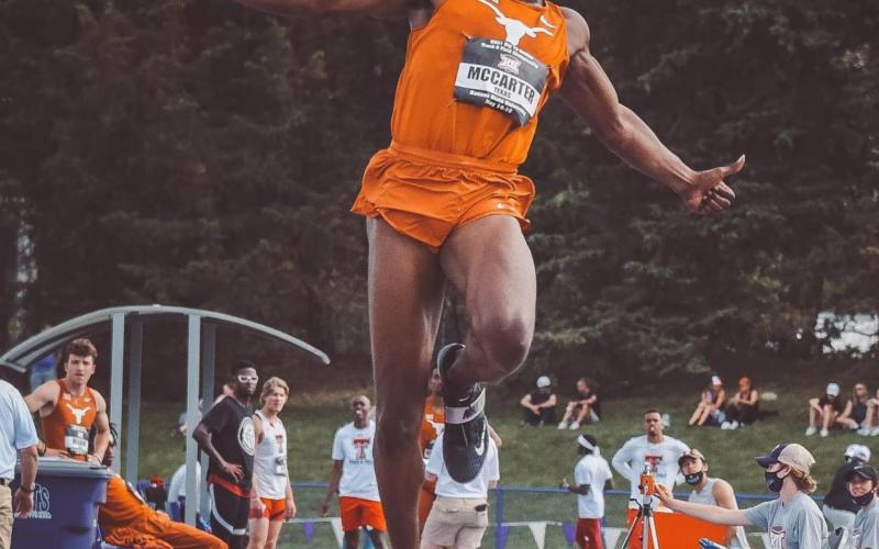 Steffin McCarter is shown at the Big 12 Outdoor Track Championship in May. His mark at the conference meet out-performed the national champion’s mark on Wednesday, but McCarter’s national finals jump came short of that distance and earned fifth. UNIVERSITY OF TEXAS ATHLETICS