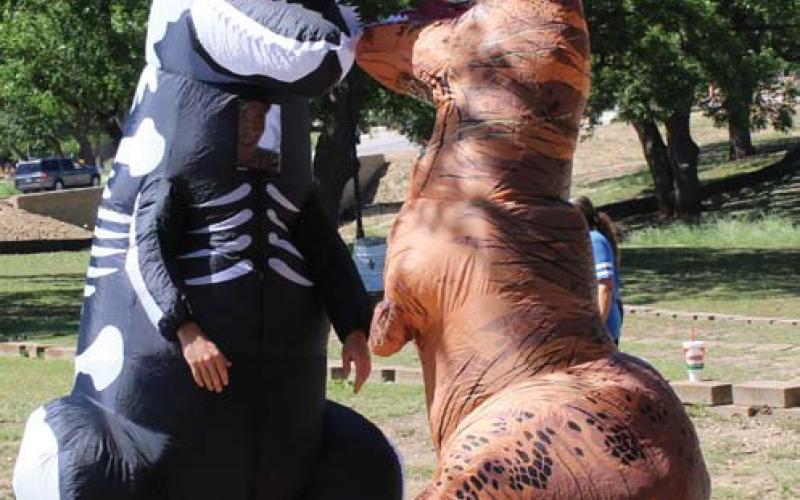 Jackson Beck and Paula Tucker have a conversation in their dinosaur costumes before an inflatable race at the park. erick Mitchell | dispatch record