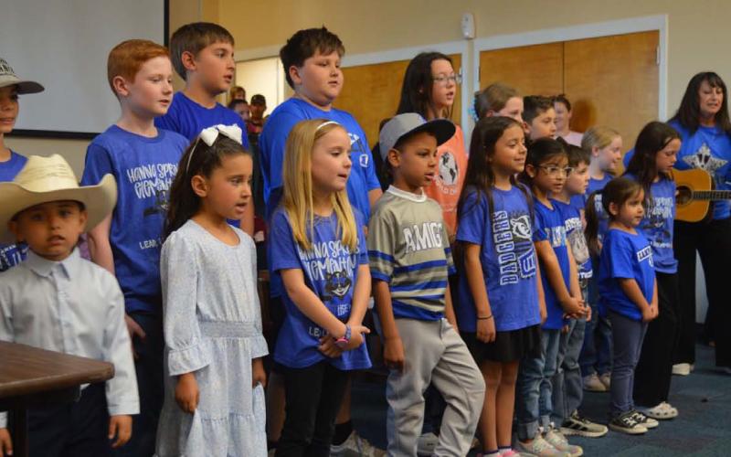 Students representing each grade level at Hanna Springs Elementary performed “The Leader in Me” at Monday night’s Lampasas school board meeting. ERICK MITCHELL | DISPATCH RECORD