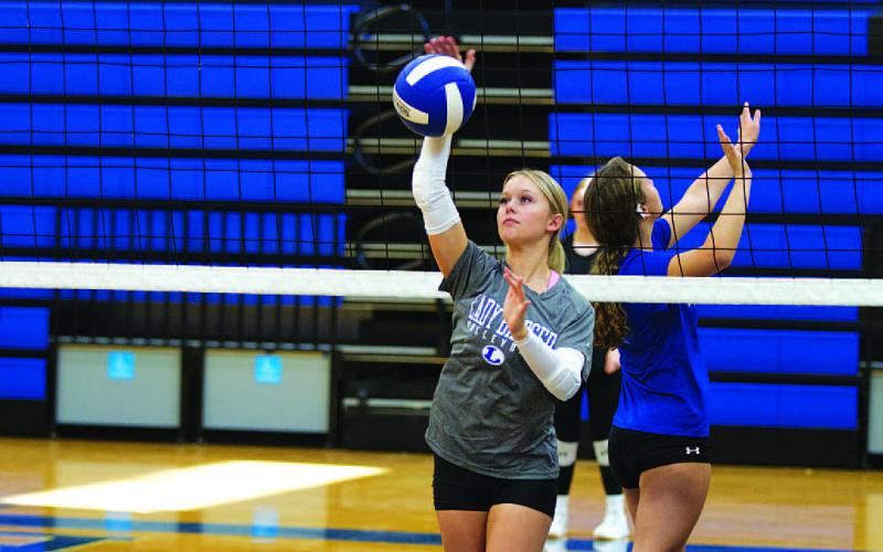 HUNTER KING | DISPATCH RECORD Scout Barton warms up during the first fall practice for the volleyball season.