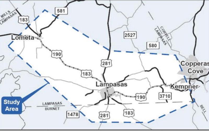 The outlined section indicates the area for which TxDOT will commence its study on expansion of Interstate 14. The project has no funding to date, and officials said it could be years before any action is taken to expand the highway west toward Lometa. MAP GRAPHIC COURTESY OF TEXAS DEPARTMENT OF TRANSPORTATION