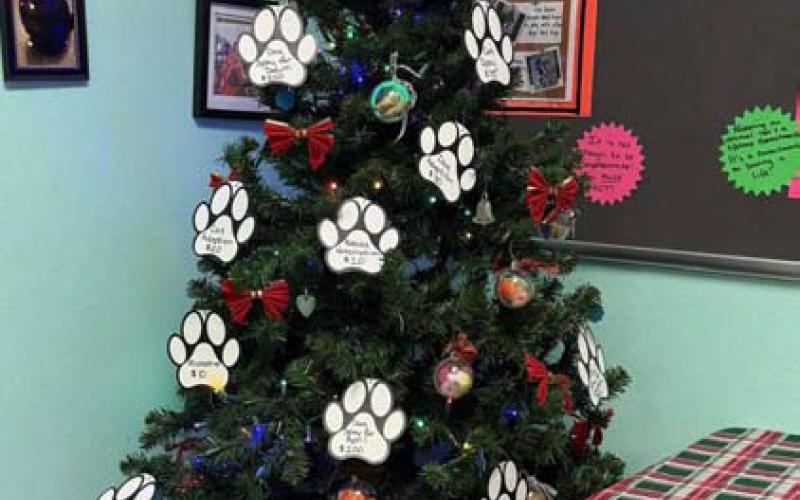 The Lampasas Animal Shelter Christmas tree is decorated with paws that list donation opportunities. COURTESY PHOTO