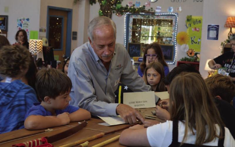 Texas Historical Commission archaeologist Chris Meis explains the hunting technology used by Native Americans to Hanna Springs Elementary School fourth-grade students during Wednesday’s lesson. ERICK MITCHELL | DISPATCH RECORD