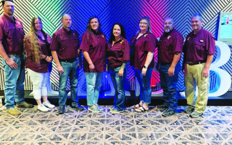 COURTESY PHOTO Lometa school board members attended the 2025 Summer Leadership Institute presented by the Texas Association of School Boards. Pictured, left to right, are Dusty Duncan, Amanda Tower, Superintendent Rob Moore, Cristopher Brister, Megan Lusty, Courtney Duncan, Mario Maldonado and John Hines.