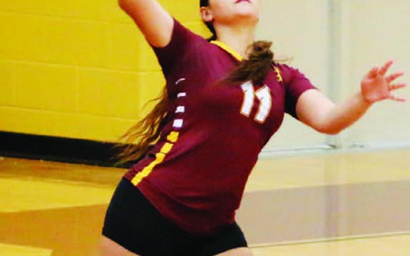 Jasmine Gama serves the ball during the Lady Hornets’ victory last Saturday. MASON HINES | DISPATCH RECORD