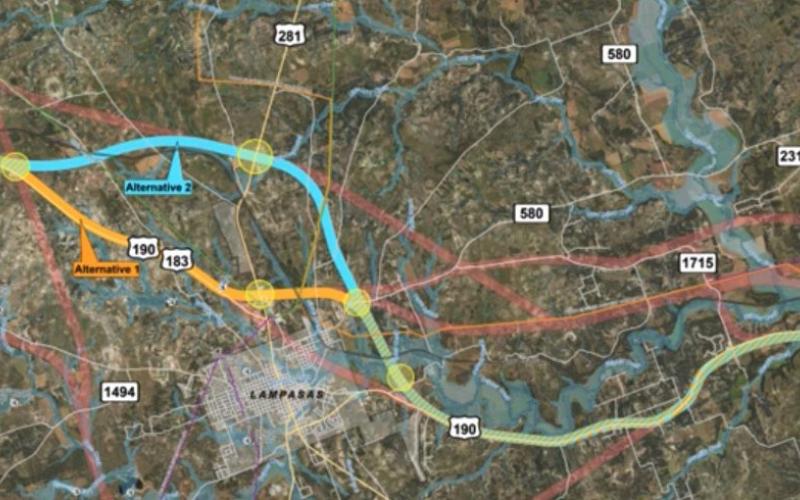 The Texas Department of Transportation unveiled two possible paths for an Interstate 14 bypass around Lampasas. Alternative No. 1, shown in golden-yellow, would entail a route that crosses E. Avenue J and the railroad in northeast Lampasas. Alternative No. 2, in light blue, would be extend farther north of the city and cross over CR 2200 and CR 2001. An existing stretch of U.S. 190 between Lampasas and Kempner is shown in lime-green, and the pale red routes show other concepts contributed by the public.