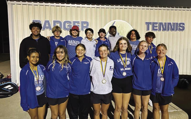 Lampasas tennis poses with their medals from the Liberty Hill tournament. COURTESY PHOTO | KENNETH PEISER