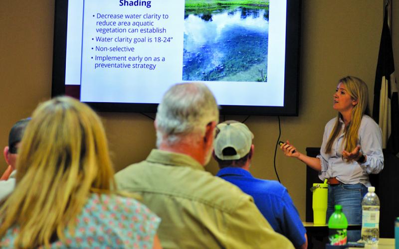 Shading is effective in preventing aquatic vegetation from taking over a pond. The more the sun is able to penetrate to the pond bottom, the more algae and invasive plants will grow, said Brittany Chesser, an aquatic vegetation management program specialist. She addressed a group of landowners at a Texas A&amp;amp;M Extension Service seminar earlier in March. COURTESY PHOTO