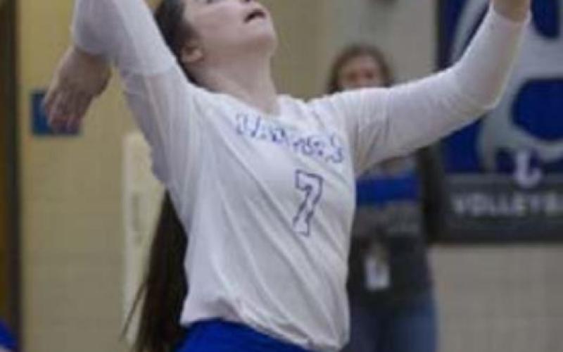 Bella Lindsey reaches up to send over a serve during the last non-district match for the Lady Badgers. HUNTER KING | DISPATCH RECORD