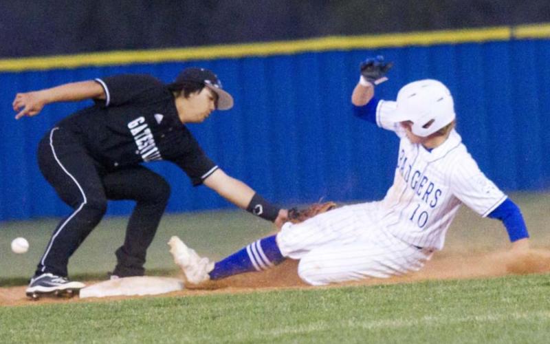 Ace Whitehead, shown sliding into second base during district play, leads Lampasas in several categories, including regular-season batting average and on-base percentage. FLE PHOTO
