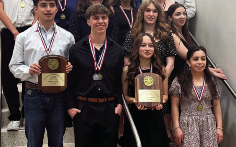 Cast members a part of Lampasas High School’s UIL One-Act Play production pose for a photo after a top distict performance that saw students advance to the bi-district round. COURTESY PHOTO