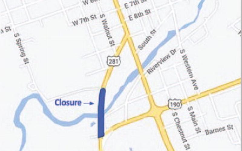 The blue stretch of roadway from E.E. Ohnmeiss Drive over the Sulphur Creek bridge will be closed to motorists from March 4 to April 26, according to TxDOT projections. COURTESY PHOTO | TXDOT