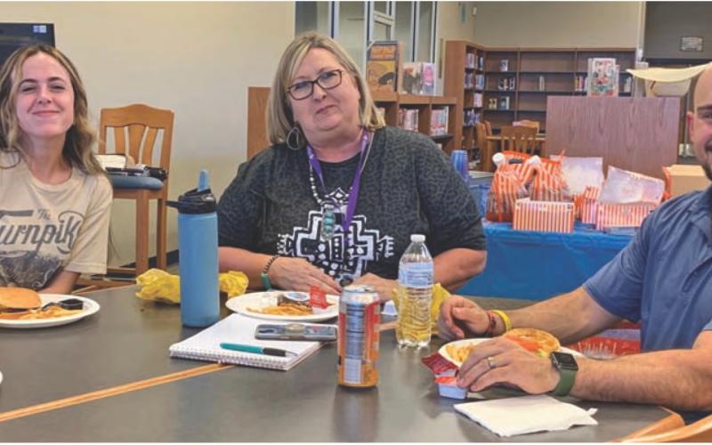 Lampasas High School agriscience teachers Erica Edwards, at left, Judy Hail and Justin Wood were among the participants at the Lampasas ISD AgScience Advisory Council’s annual meeting. COURTESY PHOTO