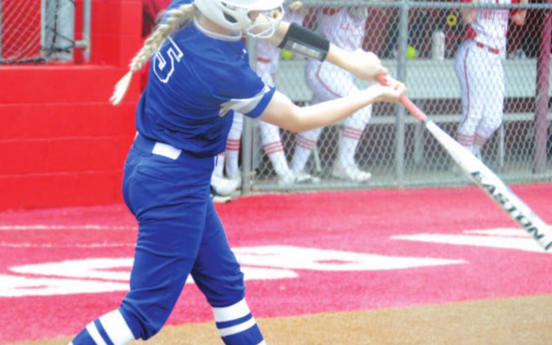 Kali Hunter swings at a pitch during the Lady Badgers’ regular-season finale against Glen Rose. The softball team is in the middle of its playoff series against Graham this weekend. HUNTER KING | DISPATCH RECORD