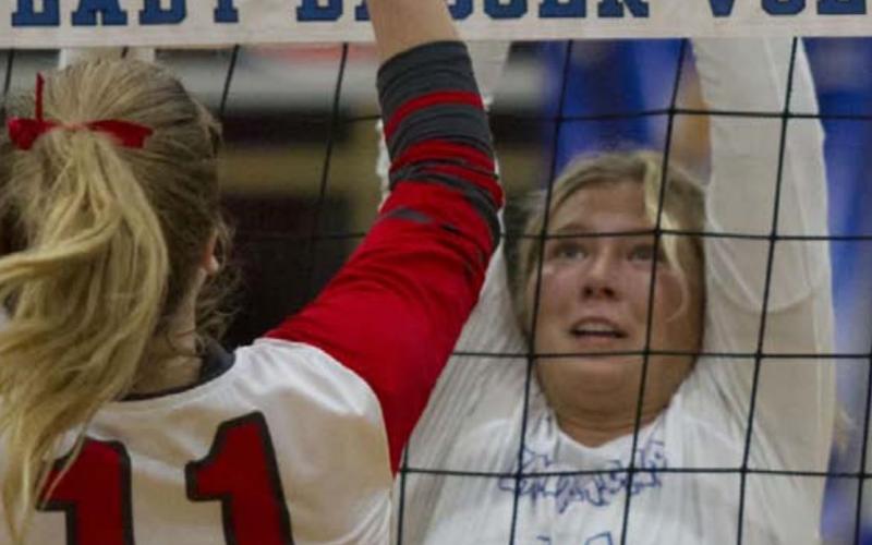 Madison Roedler goes up for a block during the Lady Badgers’ last district game against Glen Rose at home. HUNTER KING | DISPATCH RECORD
