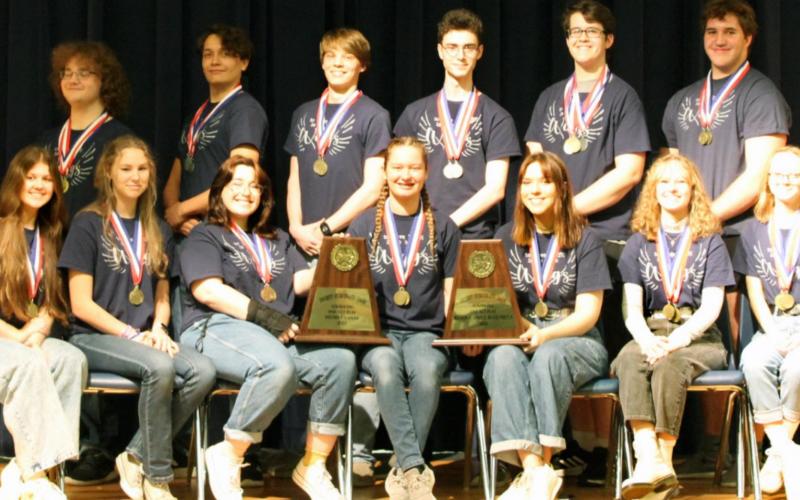 Lampasas’ One-Act Play cast captured first place at both district and bi-district. The play advances to regional competition on April 20. Pictured are, front row from left, Cara Mitchell, Draven Gootee, Ciara Carnes, Larissa Sneed, Abby Taylor, Ella Hairston and Callie Bekker; back row, Cameron Parker, Luke Coonrod, Ben Stone, Bryce Elders, Michael Neary and Conner Keele. Not pictured: Kalir Clements and JT Vasquez. LEXI MORELAND | BADGER TRACKS STAFF