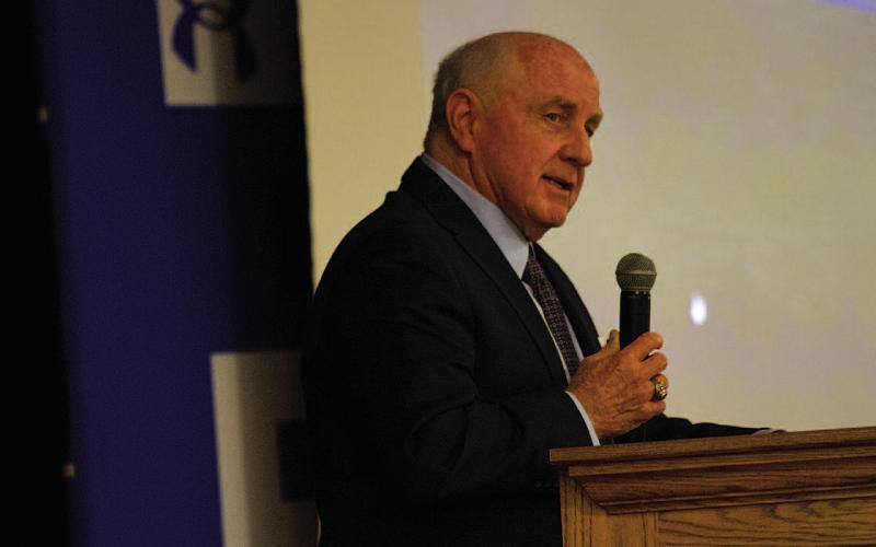 HUNTER KING | DISPATCH RECORD Lee Bridges speaks to the crowd after being inducted into the Lampasas Football Hall of Fame.