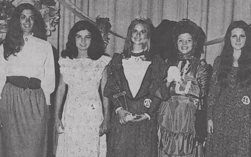 The first Spring Ho festival offered crowning of the 1972 Spring Ho Queen and her court. From left to right are Dianna Wear, second runner-up; Vicki Miles, first runner-up; Mary Anna Wittenburg, Spring Ho Queen; Robyn Pritchett, third runner-up; and Regina Brown, fourth runner-up. The theme the first two years was “The Gay ’90s,” and the court dressed accordingly. FILE PHOTO