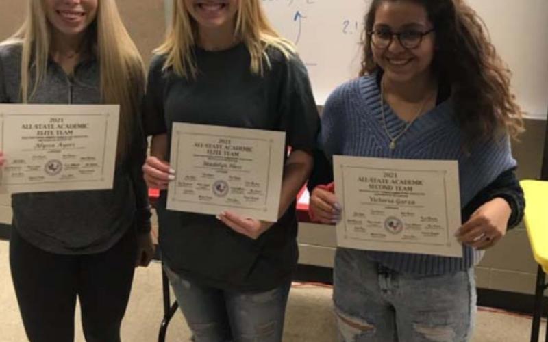 Members of the Texas High School Women’s Powerlifting Association Academic All-State team include, left to right Alyssa Ayers - Elite Team; Madelyn Hess-Elite Team; and Victoria Garza - Second Team. COURTESY PHOTO