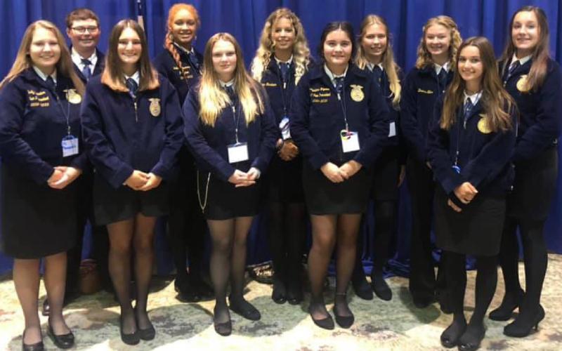 Lampasas FFA members who attended the recent Texas FFA State Convention are, from left, Emily Brister, Zechariah Randall, Paige Rutland, Juliana Dwamena, Catherine Hicks, Vivian Gardner, Abriana Flores, Haylee Finley, Daecee Ellis, Neely Miller and Avery Hopson. COURTESY PHOTO