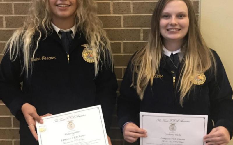 Lampasas FFA Chapter members Vivian Gardner, left, and Catherine Hicks received the Lone Star FFA Degree during the recent Texas FFA State Convention. Lampasas chapter members Jaxon Tomme and Bryli Wilson – not pictured – also received the Lone Star FFA Degree. COURTESY PHOTO