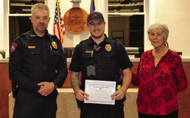 Lampasas Police Department was honored with the December Community Champions award. Chief Jody Cummings and Patrol Officer Dylan Boivin are pictured accepting the award from Lampasas Mayor TJ Monroe. CONTRIBUTED