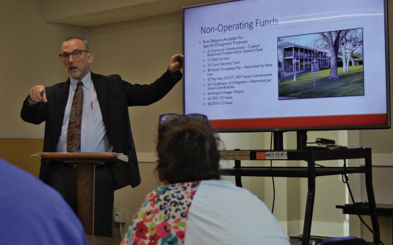 City Manager Finley deGraffenreid makes a budget presentation to Lampasas City Council members on Monday during their workshop session. ERICK MITCHELL | DISPATCH RECORD