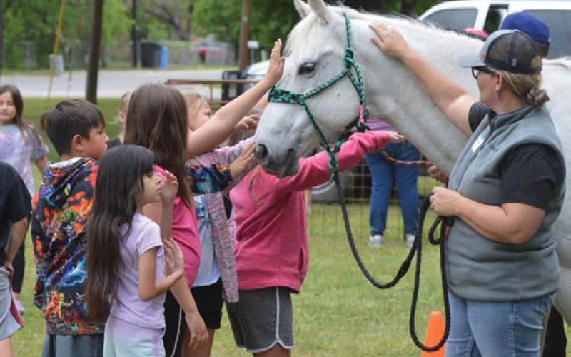 Students reach out to touch a horse on display during Ag Safety Day at Hanna Springs Elementary School. ERICK MITCHELL | DISPATCH RECORD