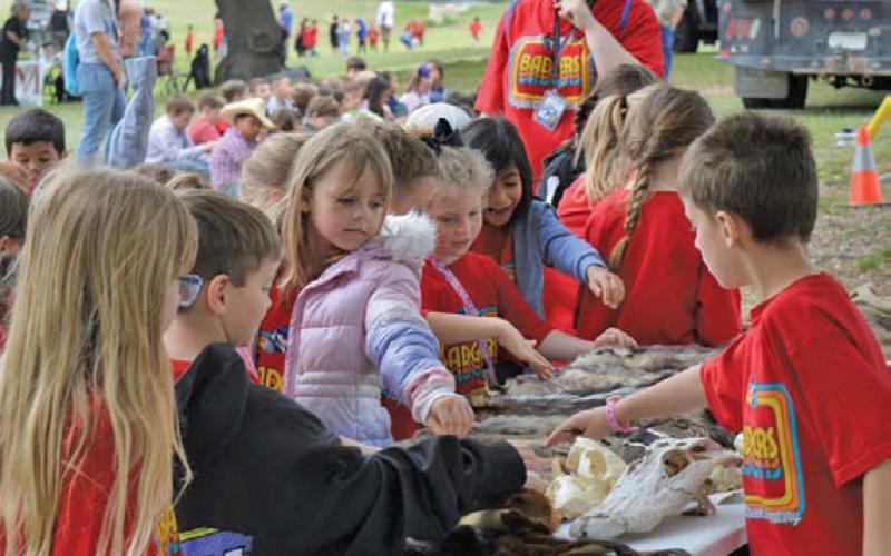 Taylor Creek Elementary School students feel various animal hides during Ag Safety Day on Friday. ERICK MITCHELL | DISPATCH RECORD