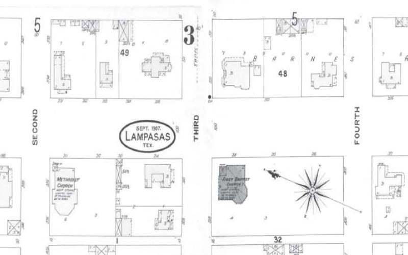 Grand Avenue was destined to become the main artery through town, but as yet it did not link up with any of the new highway routes coming into Lampasas. Section from 1907 Sanborn Map of Lampasas | Portal to Texas History, University of North Texas