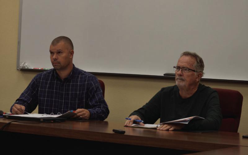 ERICK MITCHELL | DISPATCH RECORD Lampasas Central Appraisal District Board of Directors Chairman Marshall Brewer, left, and Board Secretary Philip Garrett look on during Thursday’s meeting.
