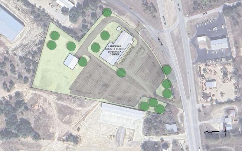 Lampasas County Livestock Association members plan to upgrade the parking lot at the showbarn. This project rendering indicates the areas planned for improvement. It could take several years to cover the cost, LCLA officials said, but the annual Reverse Raffle later this month will initiate the fundraising for the endeavor. COURTESY PHOTO