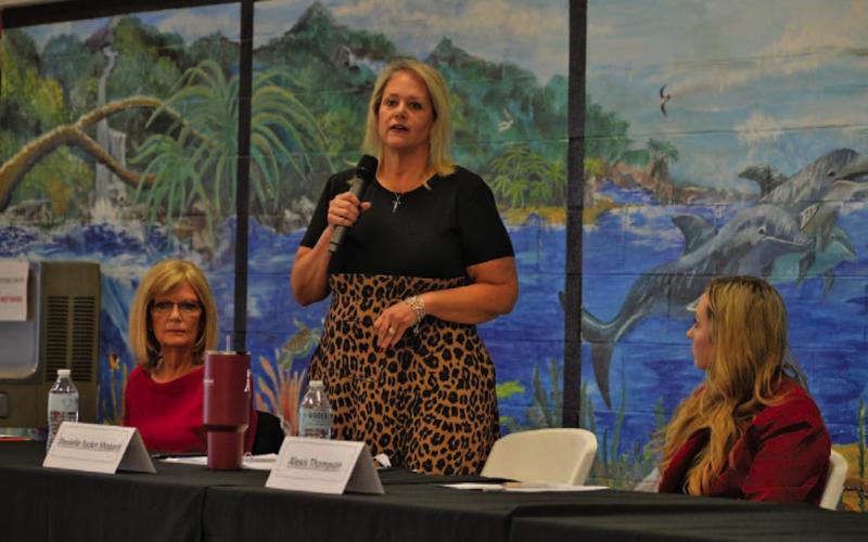 Council candidates Dorothy Person, at left, and Danielle Shepard, standing, are seeking the Place 1 City Council seat. Alexis Thompson, at right, is a candidate for the Place 6 seat held by Councilman Charlie Pratus, who was unable to attend the forum last week. ERICK MITCHELL | DISPATCH RECORD