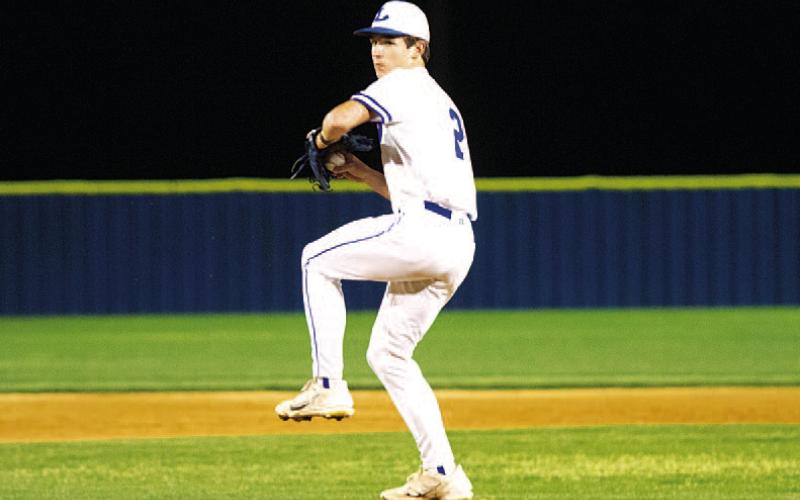 JT Posten struck out 14 batters on his way to the first district win of the season against Marble Falls. HUNTER KING | DISPATCH RECORD