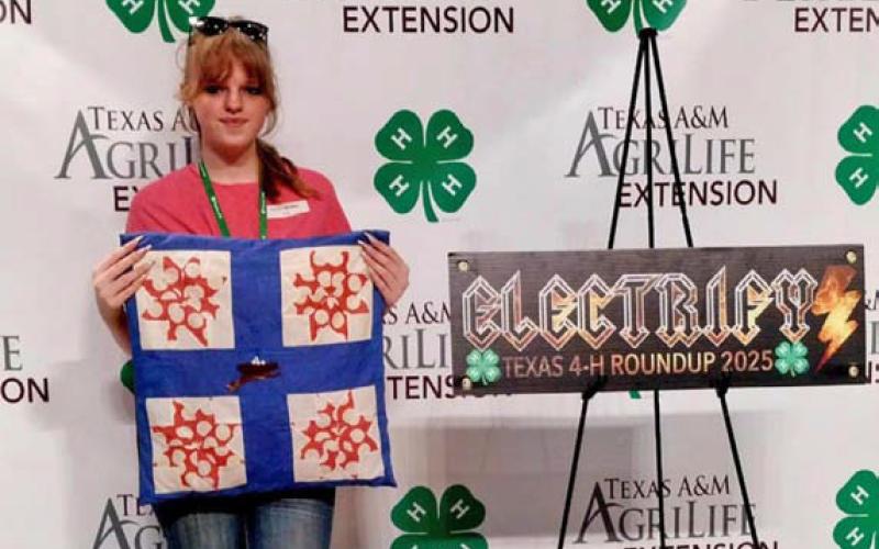 Katelyn Martin displays the “Memorial Pillow” she made in the Duds to Dazzle competition, where she took second place. tammy carroll martin | courtesy photo