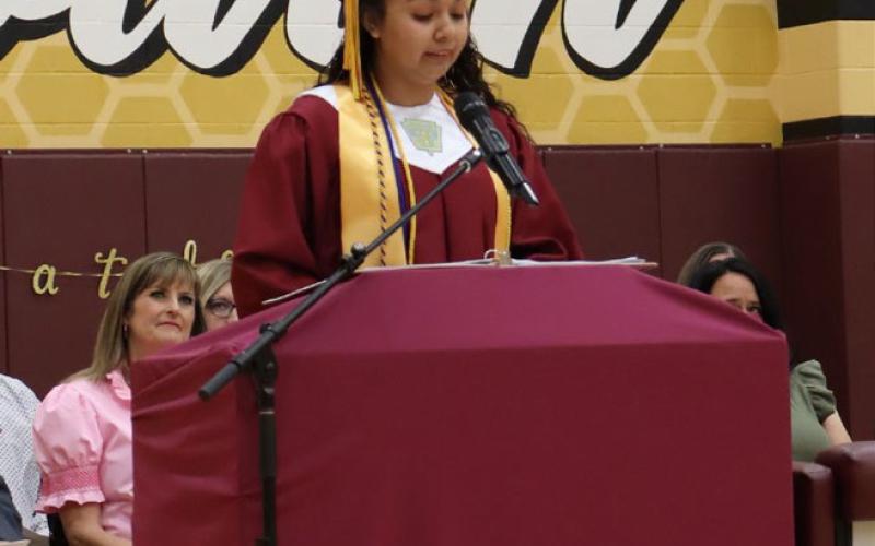 MASON HINES | DISPATCH RECORD Leticia Hernandez delivered the salutatory address for the Lometa High School Class of 2025 at commencement exercises on May 23.