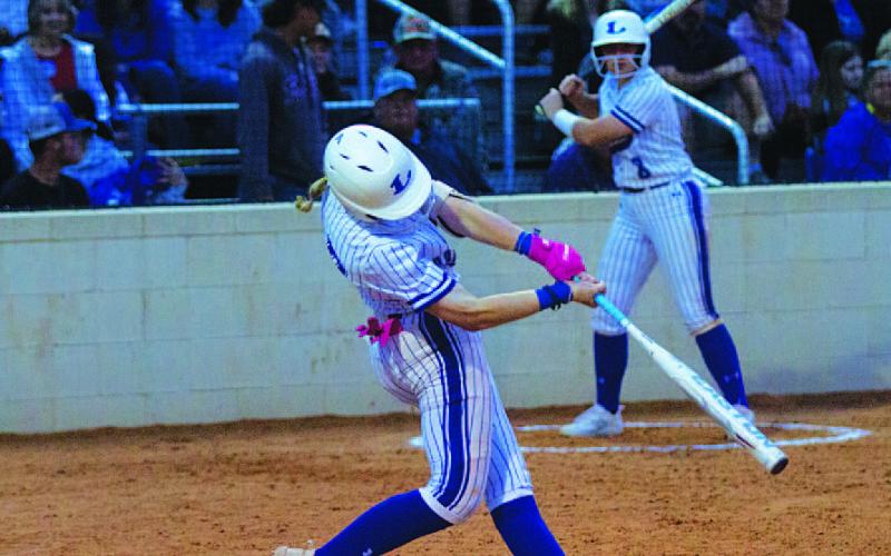 HUNTER KING | DISPATCH RECORD Aspen Wheeler swings at a pitch early in Tuesday’s game against Marble Falls.