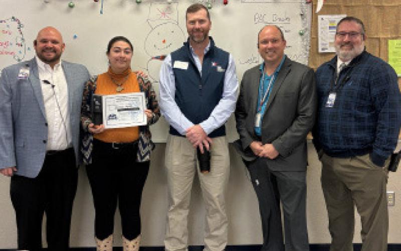 Jessica Byrd is the November Support Staff of the Month. At left is Assistant Principal Ryan Race, who said Byrd “has one of the biggest hearts in Texas and shares that love with her students and is always ready to help anywhere.” Also pictured with Byrd are Clay Phillips of Texas Farm Bureau Insurance, Principal Paul Weinheimer and Attendance Officer Kyle Black. Not pictured: Corrinne Adams, recognized as Substitute of the Month. COURTESY PHOTO