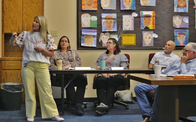 Kline Whitis Elementary School Principal Leanne Bobo gives a campus update to the Lampasas ISD Board of Trustees in the regular meeting held March 2. ERICK MITCHELL | DISPATCH RECORD