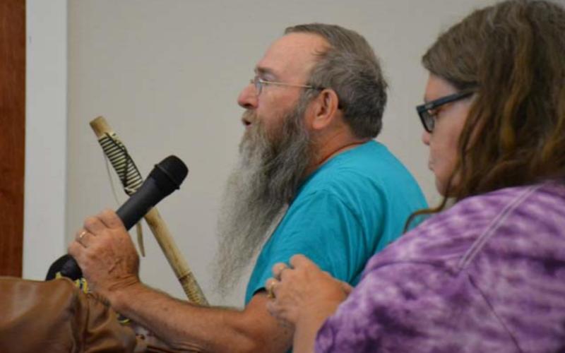 Lampasas resident Carl Atkins speaks to the Lampasas City Council about the proposed livestock ordinance’s possible effect on service animals. MONIQUE BRAND | DISPATCH RECORD