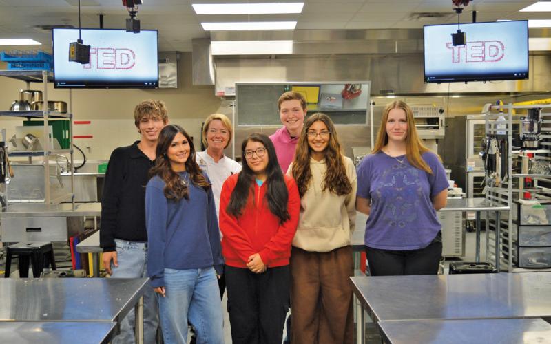Pictured are the six Lampasas High School students advancing to the FCCLA state competition. Back row, from left: Levi Oliver, LHS culinary teacher Tracey Davis and Dean Hannibal. Front row, from left: Aylin Soto, Elizabeth Martinez, Rose Reed and Leora Lauthen. ERICK MITCHELL | DISPATCH RECORD