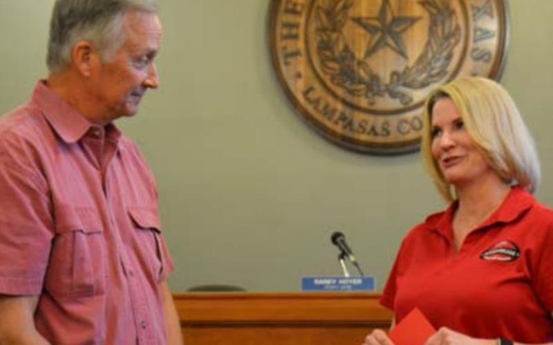 County Judge Randy Hoyer listens as Texas Senator Dawn Buckingham thanks him for his efforts to promote two proposed bills that focused on expanding state reimbursement for lost property tax revenue due to the 100% disabled veterans’ property tax exemption. Although the bills did not pass during the legislative session, Hoyer said he’s not giving up. MONIQUE BRAND | DISPATCH RECORD