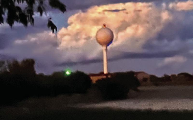 The water tower in west Lampasas has become a symbol of the town and of community pride, as it reflects a Badger blue color at nighttime to celebrate the success of local schools. PATSY STONEHAM | COURTESY PHOTO