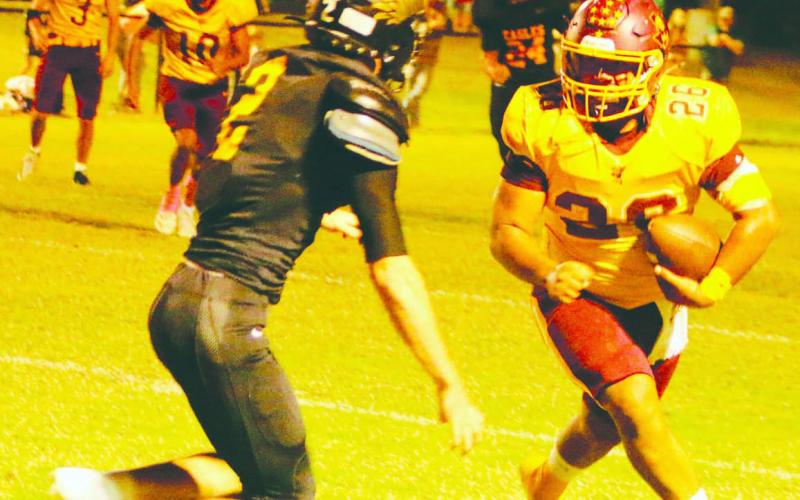 Emmanuel Prado looks for space after catching a pass. Prado scored the Hornets’ lone touchdown in Friday’s loss. MASON HINES | DISPATCH RECORD