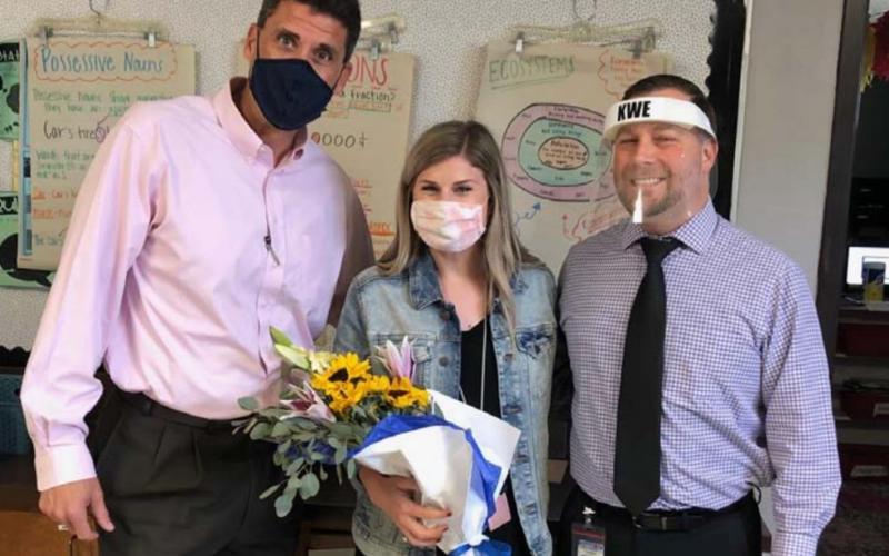 Superintendent Dr. Chane Rascoe, left, and Kline Whitis Elementary Principal Wes Graham are shown with the LISD Elementary Teacher of the Year Marley Wiggins. COURTESY PHOTO
